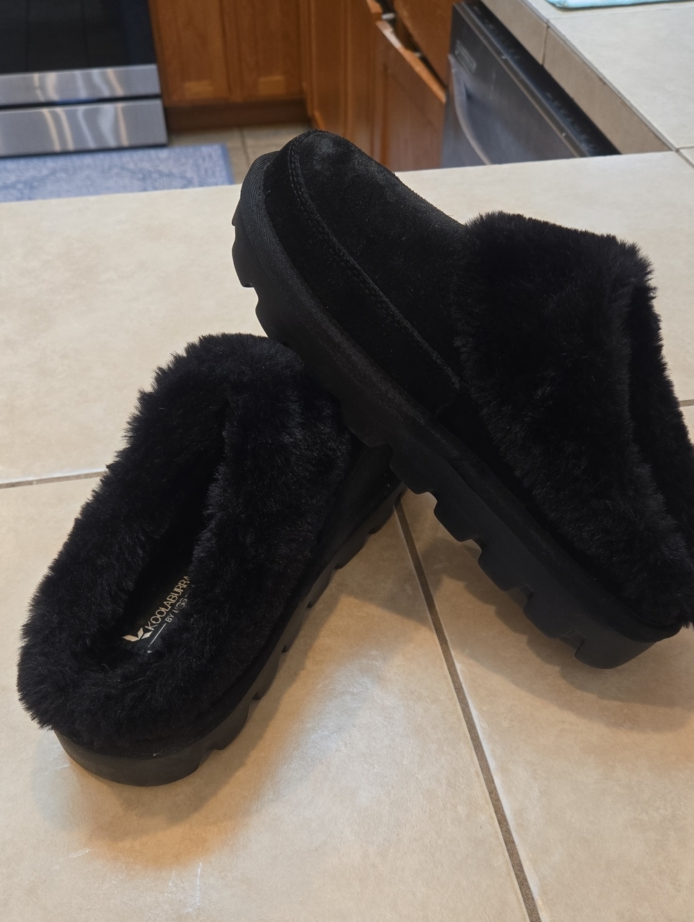 Koolaburra/UGG Black Faux-Fur Platform Slip-On Slippers